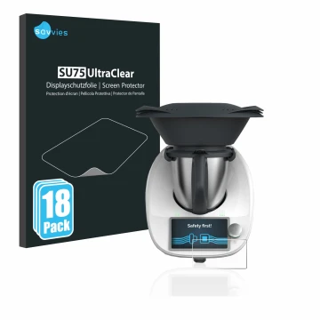 Parte frontal de un envase de producto con el logotipo de la marca Savvies. Al lado se muestra el dispositivo Vorwerk Thermomi