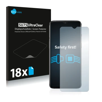 Parte frontal de un envase de producto con el logotipo de la marca Savvies. Al lado se muestra el dispositivo OnePlus 7 con su