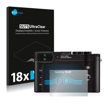 Parte frontal de un envase de producto con el logotipo de la marca Savvies. Al lado se muestra el dispositivo Leica Q2 con su 