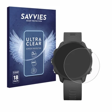 Parte frontal de un envase de producto con el logotipo de la marca Savvies. Al lado se muestra el dispositivo Garmin Forerunne