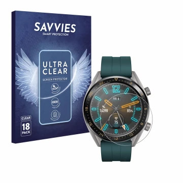Parte frontal de un envase de producto con el logotipo de la marca Savvies. Al lado se muestra el dispositivo Huawei Watch GT 