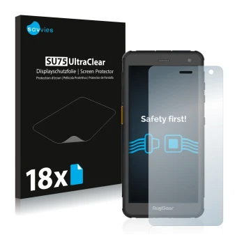 Parte frontal de un envase de producto con el logotipo de la marca Savvies. Al lado se muestra el dispositivo RugGear RG655 co