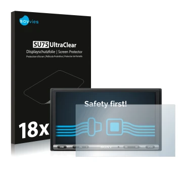 Parte frontal de un envase de producto con el logotipo de la marca Savvies. Al lado se muestra el dispositivo Sony XAV-AX3005D