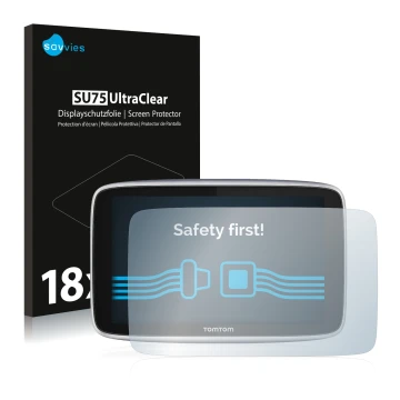 Parte frontal de un envase de producto con el logotipo de la marca Savvies. Al lado se muestra el dispositivo TomTom GO Premiu