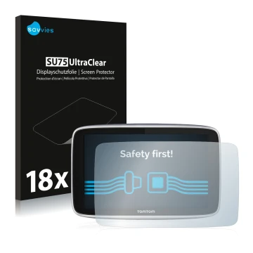 Parte frontal de un envase de producto con el logotipo de la marca Savvies. Al lado se muestra el dispositivo TomTom GO Premiu