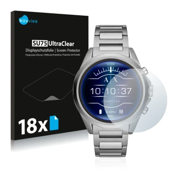 Parte frontal de un envase de producto con el logotipo de la marca Savvies. Al lado se muestra el dispositivo Emporio Armani C