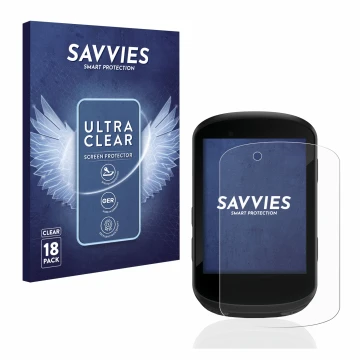 Parte frontal de un envase de producto con el logotipo de la marca Savvies. Al lado se muestra el dispositivo Garmin Edge 530 