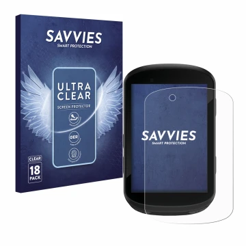 Parte frontal de un envase de producto con el logotipo de la marca Savvies. Al lado se muestra el dispositivo Garmin Edge 830 