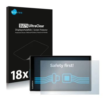 Parte frontal de un envase de producto con el logotipo de la marca Savvies. Al lado se muestra el dispositivo Garmin Camper 78