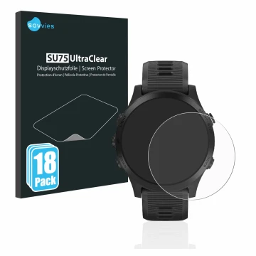 Parte frontal de un envase de producto con el logotipo de la marca Savvies. Al lado se muestra el dispositivo Garmin Forerunne