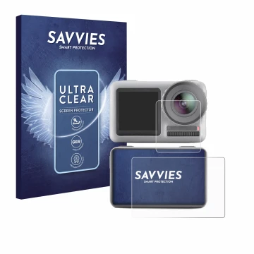 Parte frontal de un envase de producto con el logotipo de la marca Savvies. Al lado se muestra el dispositivo DJI Osmo Action 