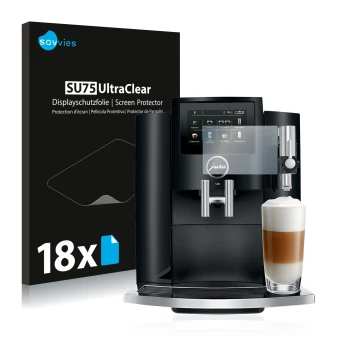 Parte frontal de un envase de producto con el logotipo de la marca Savvies. Al lado se muestra el dispositivo Jura S8 con su p