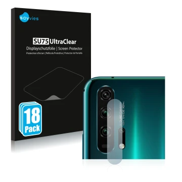 Parte frontal de un envase de producto con el logotipo de la marca Savvies. Al lado se muestra el dispositivo Honor 20 Pro (SÓ