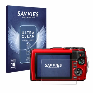 Parte frontal de un envase de producto con el logotipo de la marca Savvies. Al lado se muestra el dispositivo Olympus Tough TG
