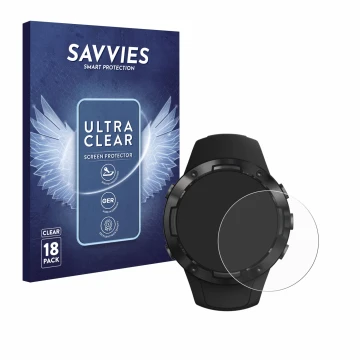 Parte frontal de un envase de producto con el logotipo de la marca Savvies. Al lado se muestra el dispositivo Suunto 5 con su 