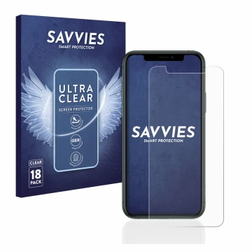 Parte frontal de un envase de producto con el logotipo de la marca Savvies. Al lado se muestra el dispositivo Apple iPhone 11 