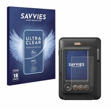 Parte frontal de un envase de producto con el logotipo de la marca Savvies. Al lado se muestra el dispositivo Fujifilm Instax 