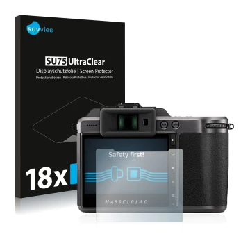 Parte frontal de un envase de producto con el logotipo de la marca Savvies. Al lado se muestra el dispositivo Hasselblad X1D I