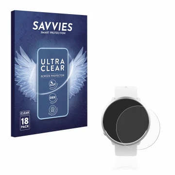 Parte frontal de un envase de producto con el logotipo de la marca Savvies. Al lado se muestra el dispositivo Polar Ignite con