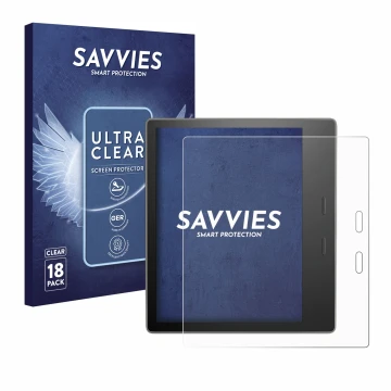 Parte frontal de un envase de producto con el logotipo de la marca Savvies. Al lado se muestra el dispositivo Amazon Kindle Oa