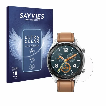 Parte frontal de un envase de producto con el logotipo de la marca Savvies. Al lado se muestra el dispositivo Huawei Watch GT 