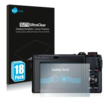 Parte frontal de un envase de producto con el logotipo de la marca Savvies. Al lado se muestra el dispositivo Canon PowerShot 