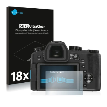 Parte frontal de un envase de producto con el logotipo de la marca Savvies. Al lado se muestra el dispositivo Leica V-LUX 5 co
