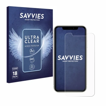 Parte frontal de un envase de producto con el logotipo de la marca Savvies. Al lado se muestra el dispositivo Apple iPhone 11 