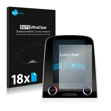 Parte frontal de un envase de producto con el logotipo de la marca Savvies. Al lado se muestra el dispositivo Renault Espace R