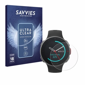 Parte frontal de un envase de producto con el logotipo de la marca Savvies. Al lado se muestra el dispositivo Polar Vantage V 