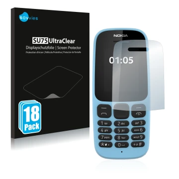 Parte frontal de un envase de producto con el logotipo de la marca Savvies. Al lado se muestra el dispositivo Nokia 105 2019 c