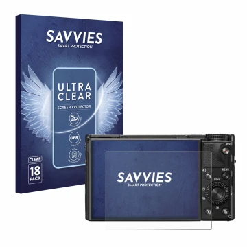 Parte frontal de un envase de producto con el logotipo de la marca Savvies. Al lado se muestra el dispositivo Sony Cyber-Shot 