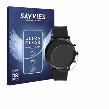 Parte frontal de un envase de producto con el logotipo de la marca Savvies. Al lado se muestra el dispositivo Fossil The Carly