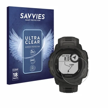 Parte frontal de un envase de producto con el logotipo de la marca Savvies. Al lado se muestra el dispositivo Garmin Instinct 