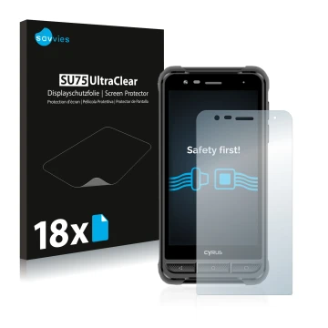 Parte frontal de un envase de producto con el logotipo de la marca Savvies. Al lado se muestra el dispositivo Cyrus CS22 XA co