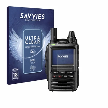 Parte frontal de un envase de producto con el logotipo de la marca Savvies. Al lado se muestra el dispositivo Yaesu FT-3D con 