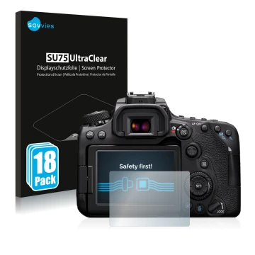 Parte frontal de un envase de producto con el logotipo de la marca Savvies. Al lado se muestra el dispositivo Canon EOS 90D co