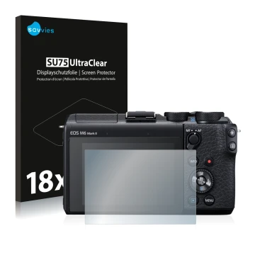 Parte frontal de un envase de producto con el logotipo de la marca Savvies. Al lado se muestra el dispositivo Canon EOS M6 Mar