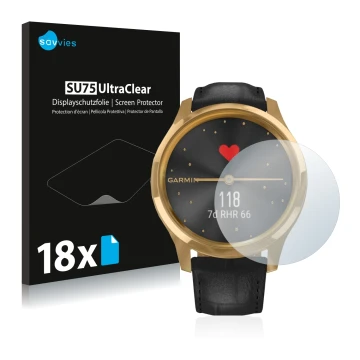 Parte frontal de un envase de producto con el logotipo de la marca Savvies. Al lado se muestra el dispositivo Garmin vivomove 