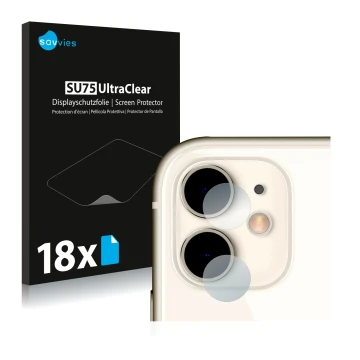 Parte frontal de un envase de producto con el logotipo de la marca Savvies. Al lado se muestra el dispositivo Apple iPhone 11 