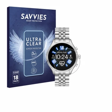Parte frontal de un envase de producto con el logotipo de la marca Savvies. Al lado se muestra el dispositivo Michael Kors Acc