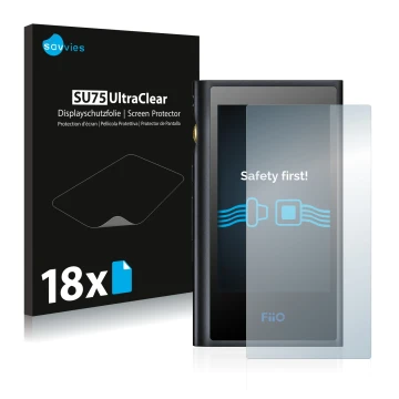 Parte frontal de un envase de producto con el logotipo de la marca Savvies. Al lado se muestra el dispositivo FiiO M9 con su p