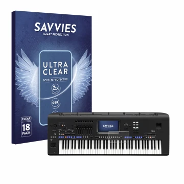 Parte frontal de un envase de producto con el logotipo de la marca Savvies. Al lado se muestra el dispositivo Yamaha Genos con