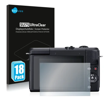 Parte frontal de un envase de producto con el logotipo de la marca Savvies. Al lado se muestra el dispositivo Canon EOS M200 c