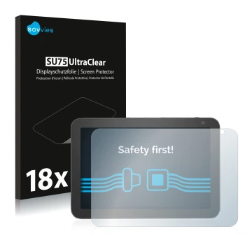 Parte frontal de un envase de producto con el logotipo de la marca Savvies. Al lado se muestra el dispositivo Amazon Echo Show