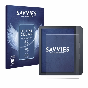 Parte frontal de un envase de producto con el logotipo de la marca Savvies. Al lado se muestra el dispositivo Kobo Libra H2O c