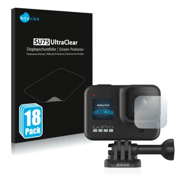 Parte frontal de un envase de producto con el logotipo de la marca Savvies. Al lado se muestra el dispositivo GoPro Hero 8 Bla