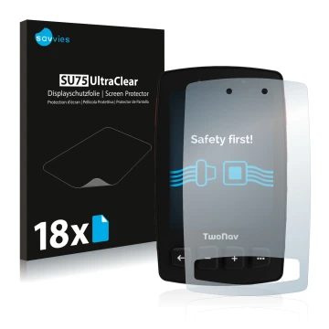 Parte frontal de un envase de producto con el logotipo de la marca Savvies. Al lado se muestra el dispositivo TwoNav Trail 2 c