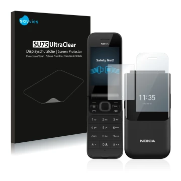 Parte frontal de un envase de producto con el logotipo de la marca Savvies. Al lado se muestra el dispositivo Nokia 2720 Flip 