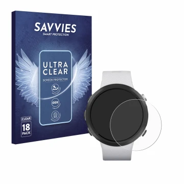 Parte frontal de un envase de producto con el logotipo de la marca Savvies. Al lado se muestra el dispositivo Garmin Swim 2 co